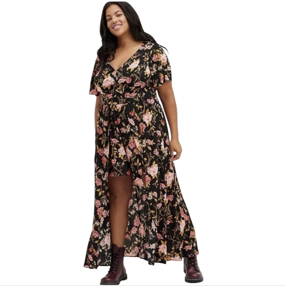 Torrid Black Floral Challis Walk Through Dress